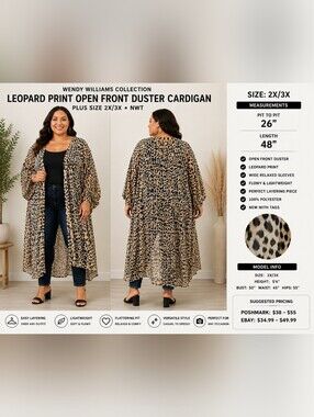 Wendy Williams 2X/3X Leopard Print Open Front Duster Cardigan NWT